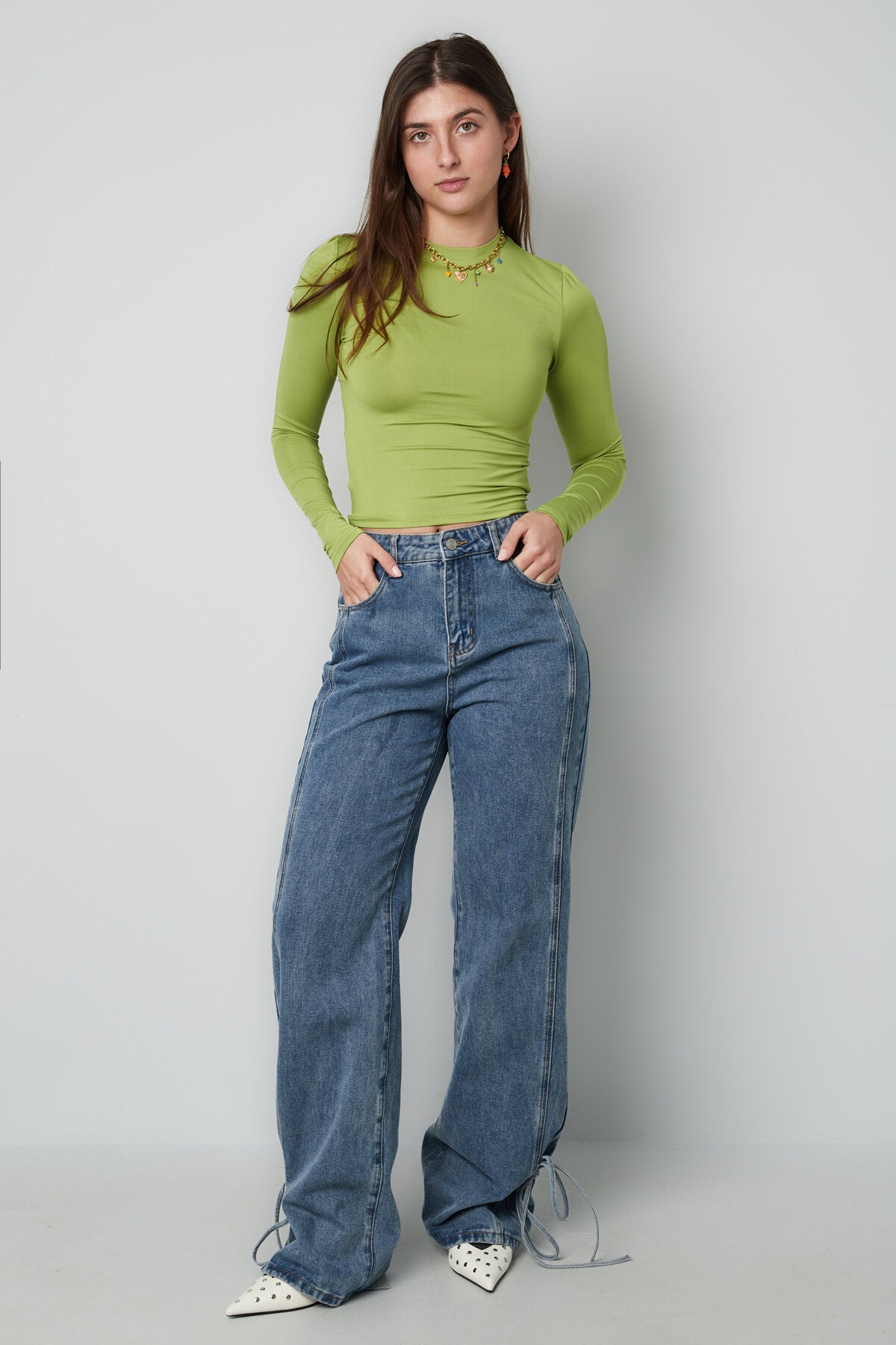 Algodón Tejido Pantalones Rectos Mujer Estilo Casual Detalle Nudo
