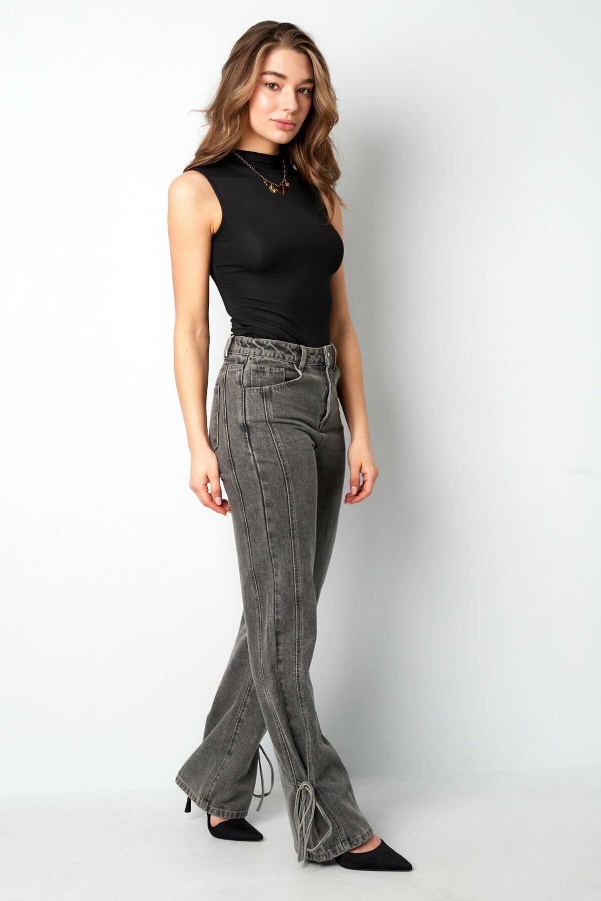 Algodón Tejido Pantalones Rectos Mujer Estilo Casual Detalle Nudo