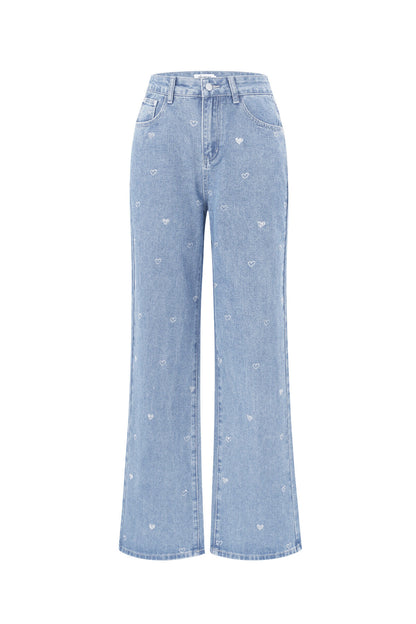 Algodón Tejido Mujer Pantalones Rectos Vaqueros Bordado Corazón Casual