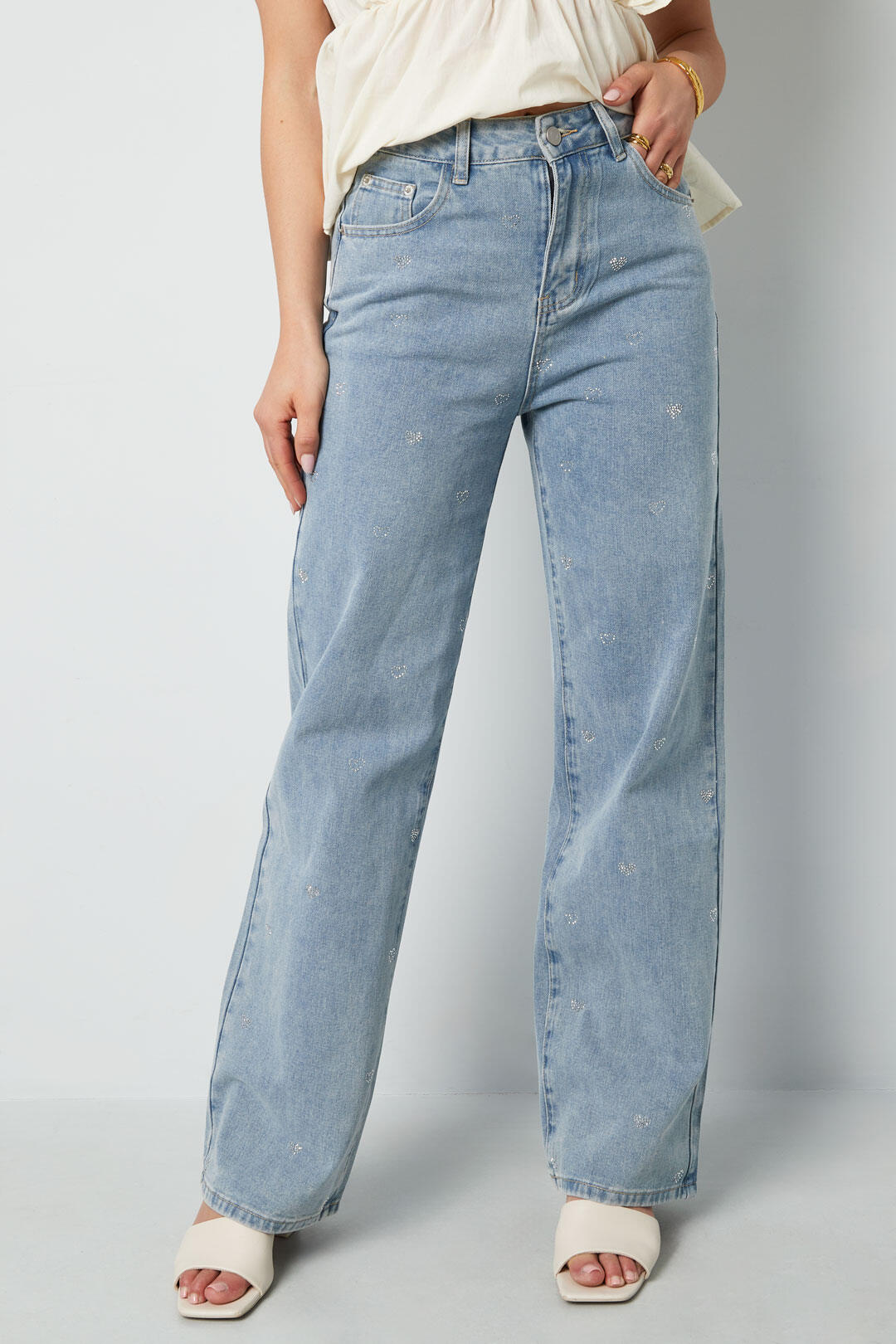 Algodón Tejido Mujer Pantalones Rectos Vaqueros Bordado Corazón Casual