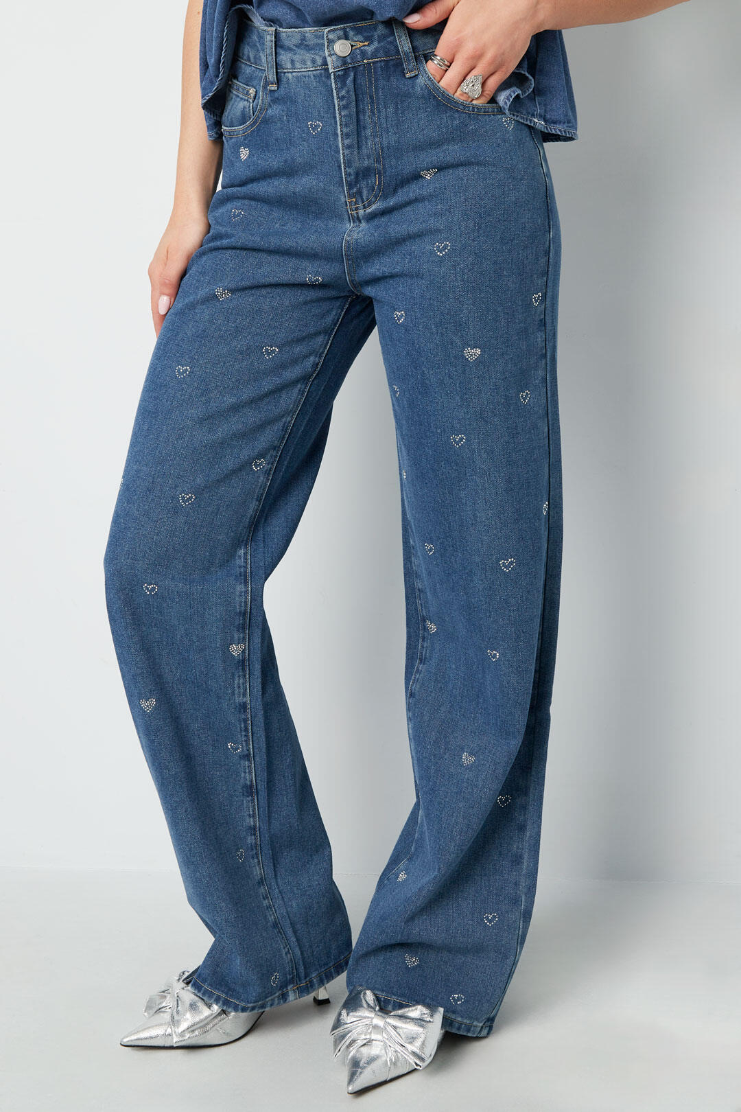 Algodón Tejido Mujer Pantalones Rectos Vaqueros Bordado Corazón Casual