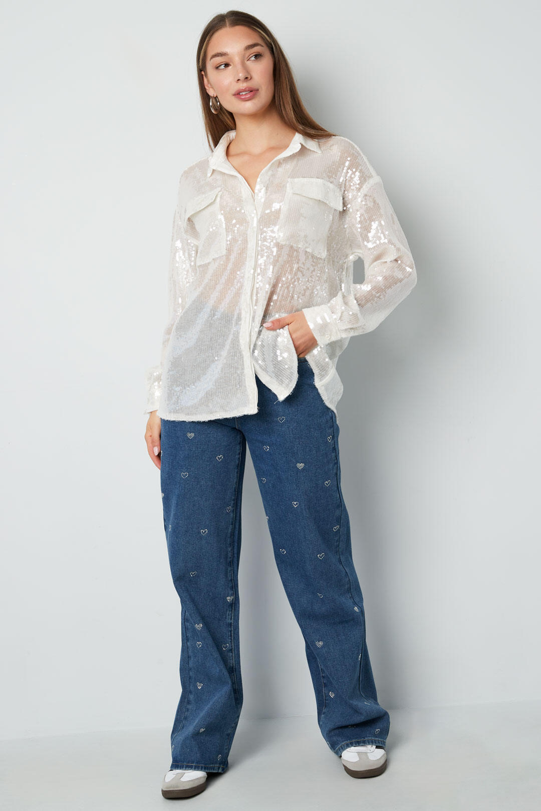 Algodón Tejido Mujer Pantalones Rectos Vaqueros Bordado Corazón Casual